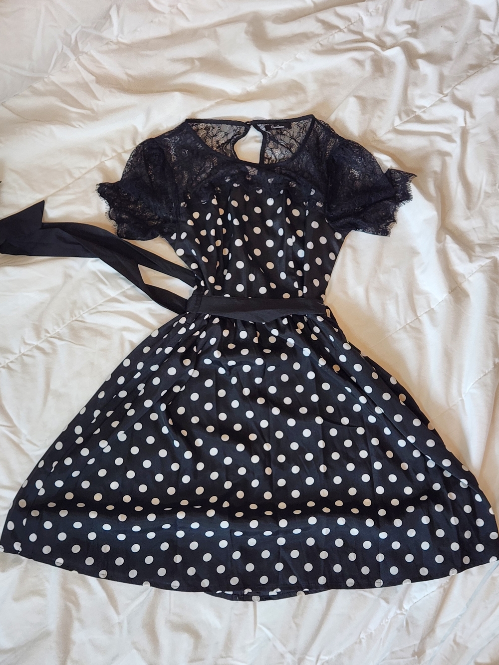 Juniors Size Monteau Black and White Polka Dot Lace Midi Dress